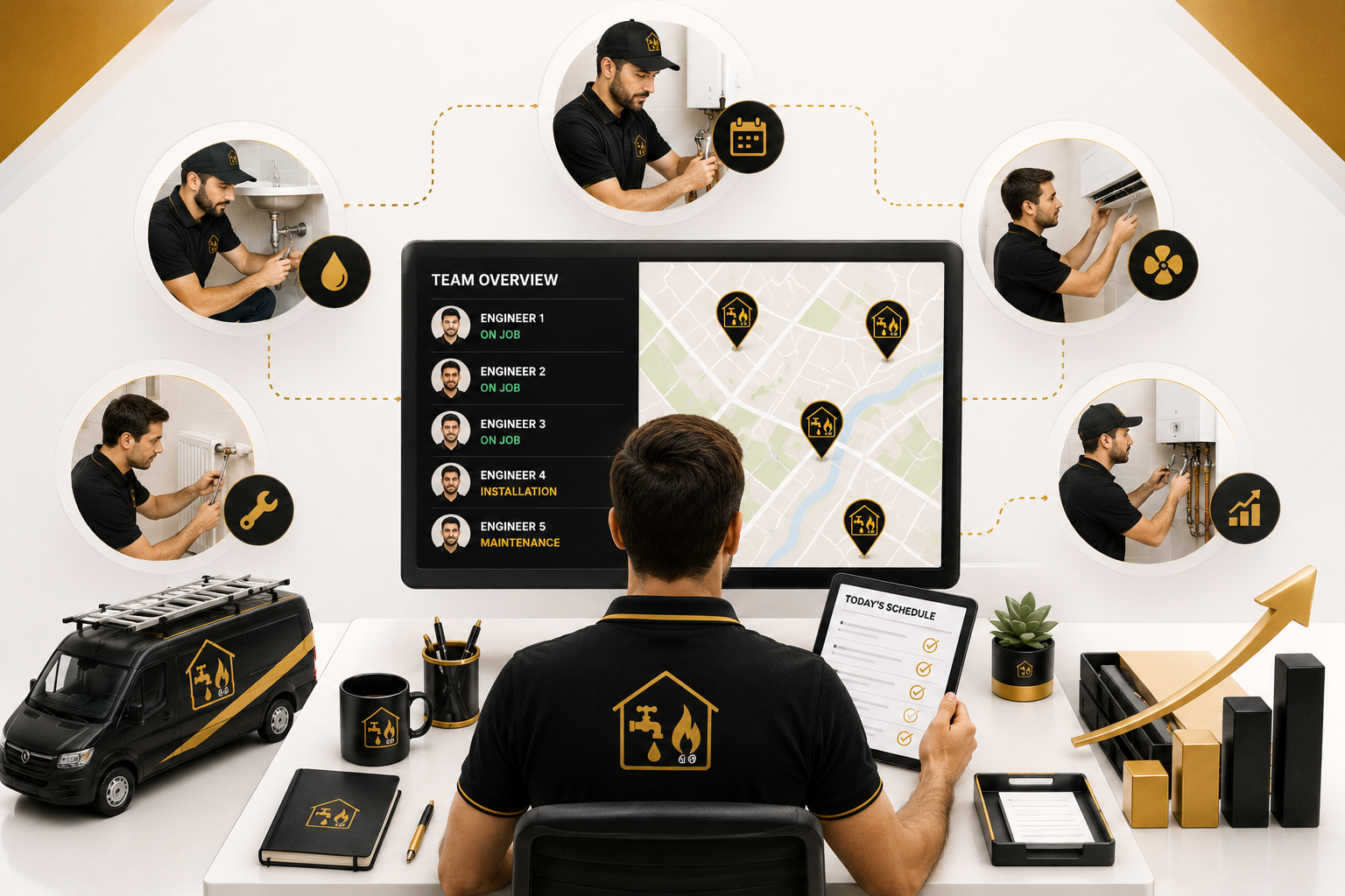 Efficient engineer management concept showing a central field-service control desk coordinating multiple plumbing and heating engineers, job locations, schedules and service vehicles in a clean white, black and gold design.