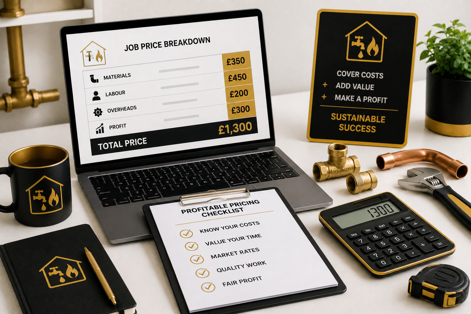 Profitable pricing concept for a plumbing and heating business showing job cost breakdown, materials, labour, overheads, profit margin, calculator and pricing tools in a clean white, black and gold setting.