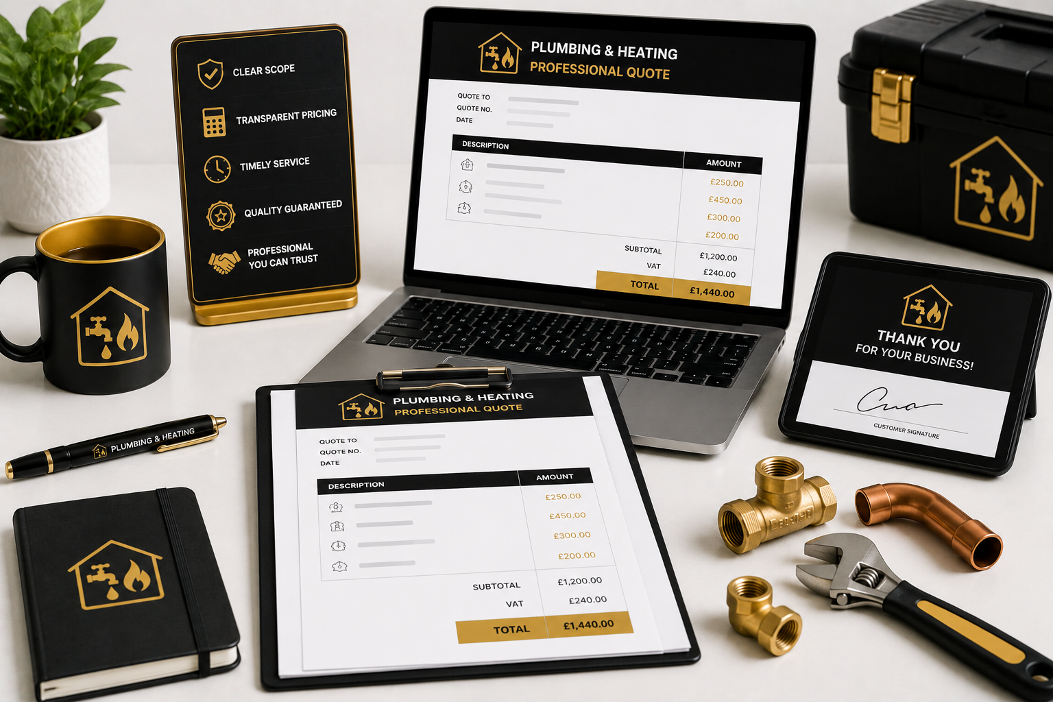 Professional plumbing and heating quotation concept featuring a clear digital quote, transparent pricing, customer approval, branded stationery and service tools in a bright white, black and gold setting.