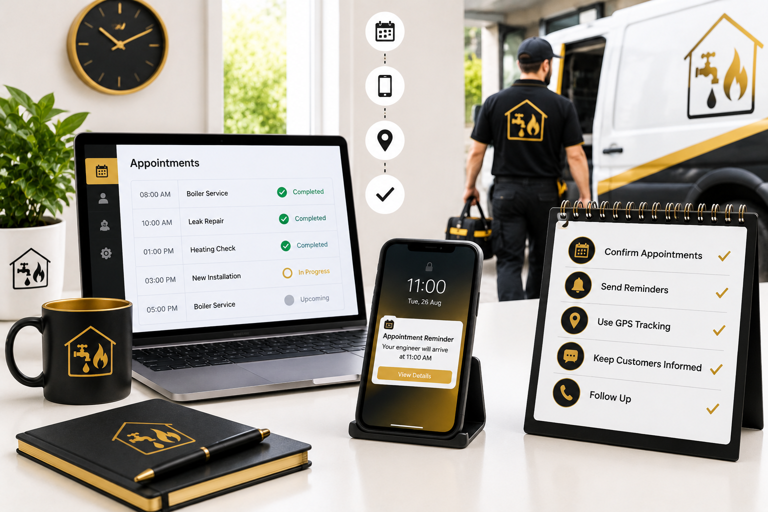 Appointment management concept for a plumbing and heating business showing confirmed bookings, customer reminders, scheduling tools and a technician preparing for a service visit in a bright white, black and gold setting.