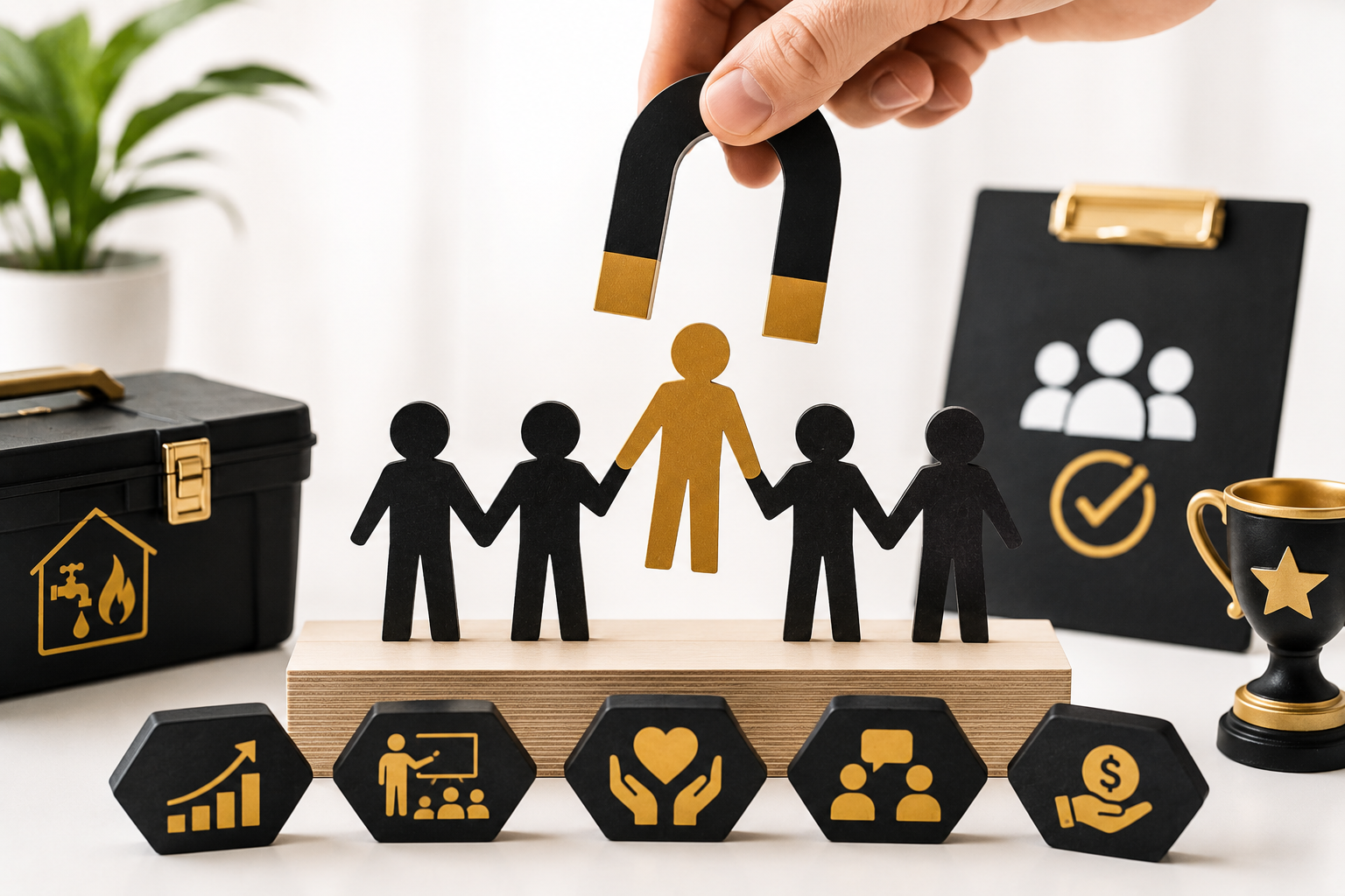 Employee retention concept showing a connected team, recognition, training, wellbeing, communication and rewards through clean visual symbols in a bright white, black and gold design.