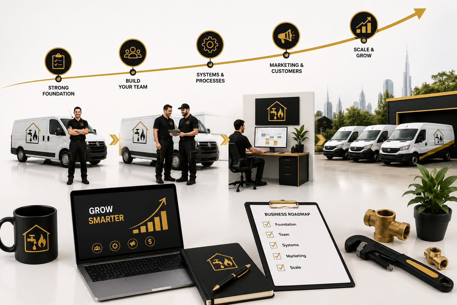 Plumbing business scaling concept showing growth from one service van to a larger technician team and fleet, supported by systems, marketing and organised operations in a bright white, black and gold